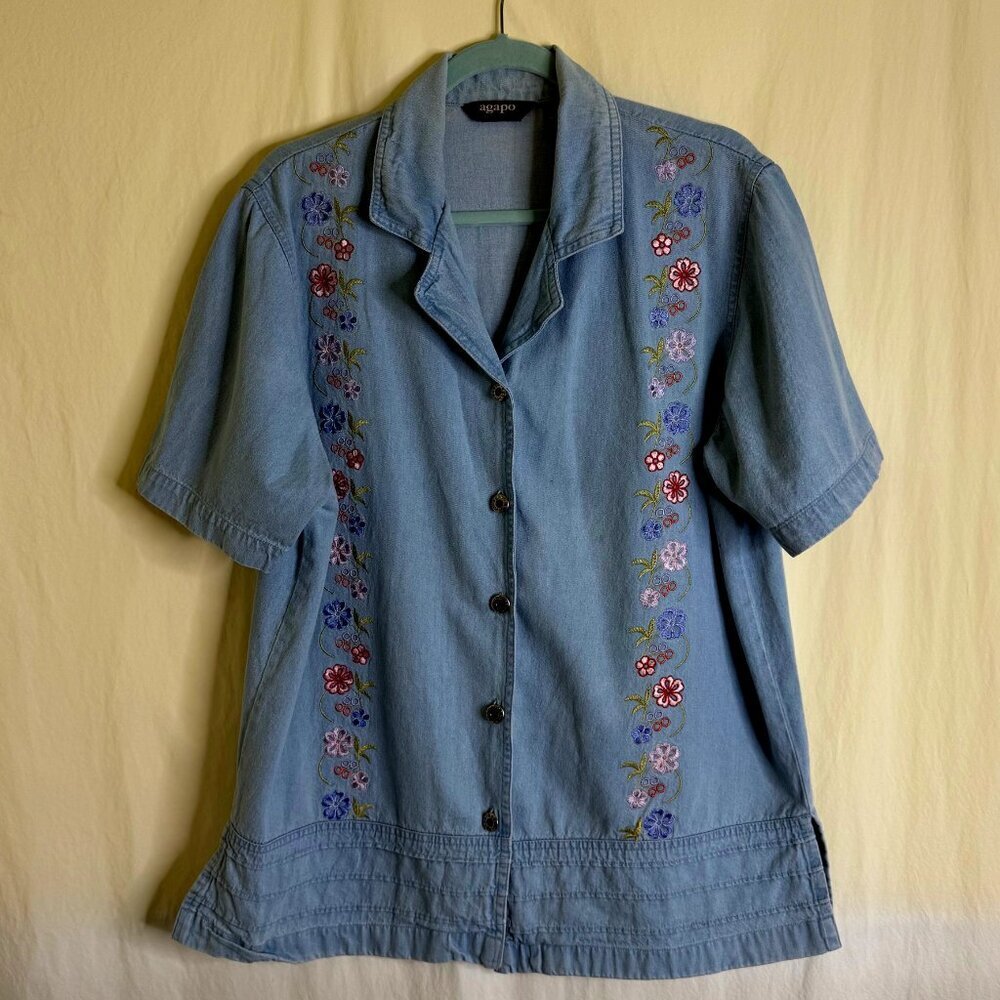 Vintage Women's Agapo Embroidered Denim Button Down Shirt 100% Cotton Size 16W